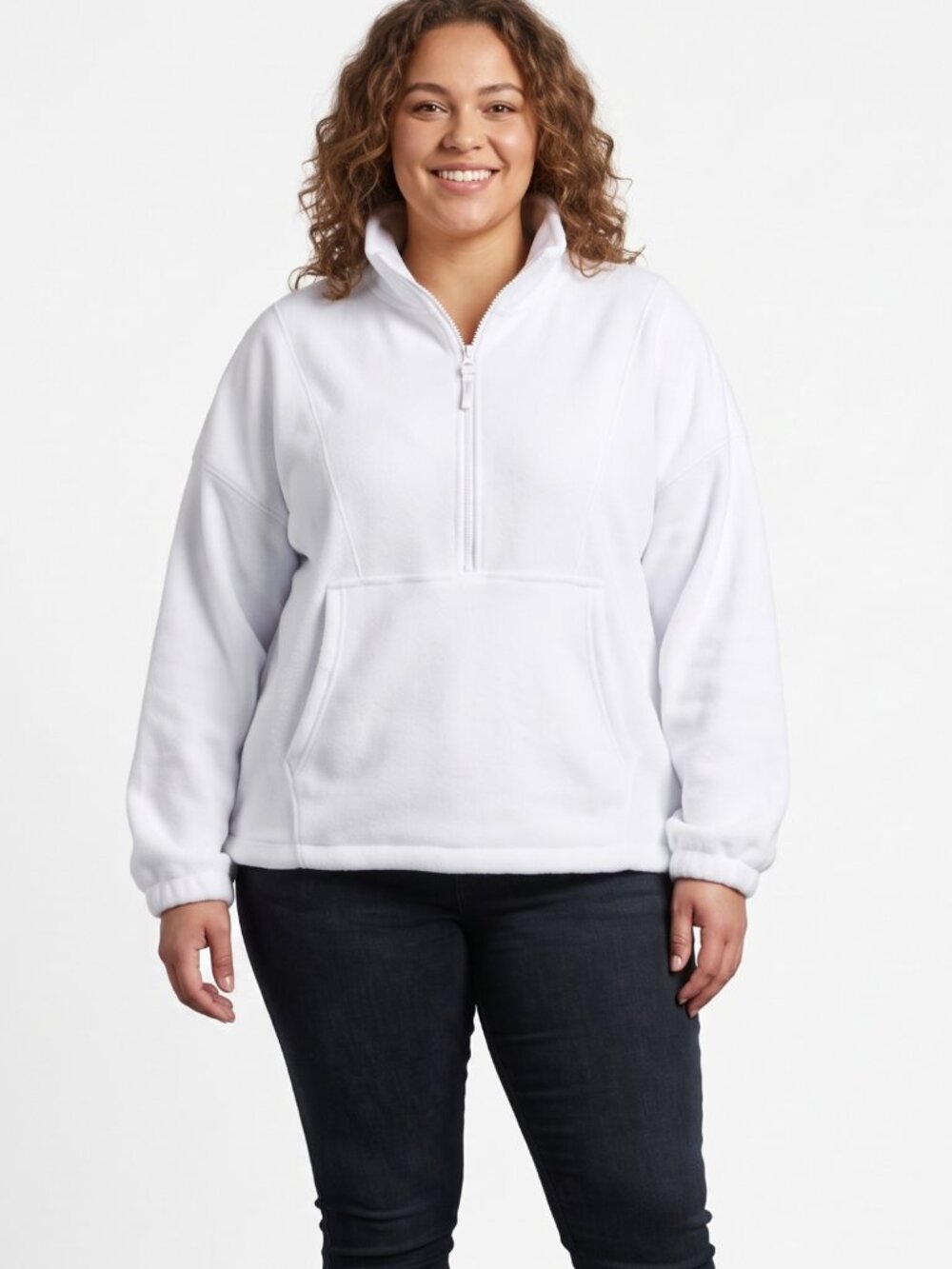 NWT White Fleece Pullover Quarter Zip Mock Neck Kangaroo Pocket Sweatshirt XL